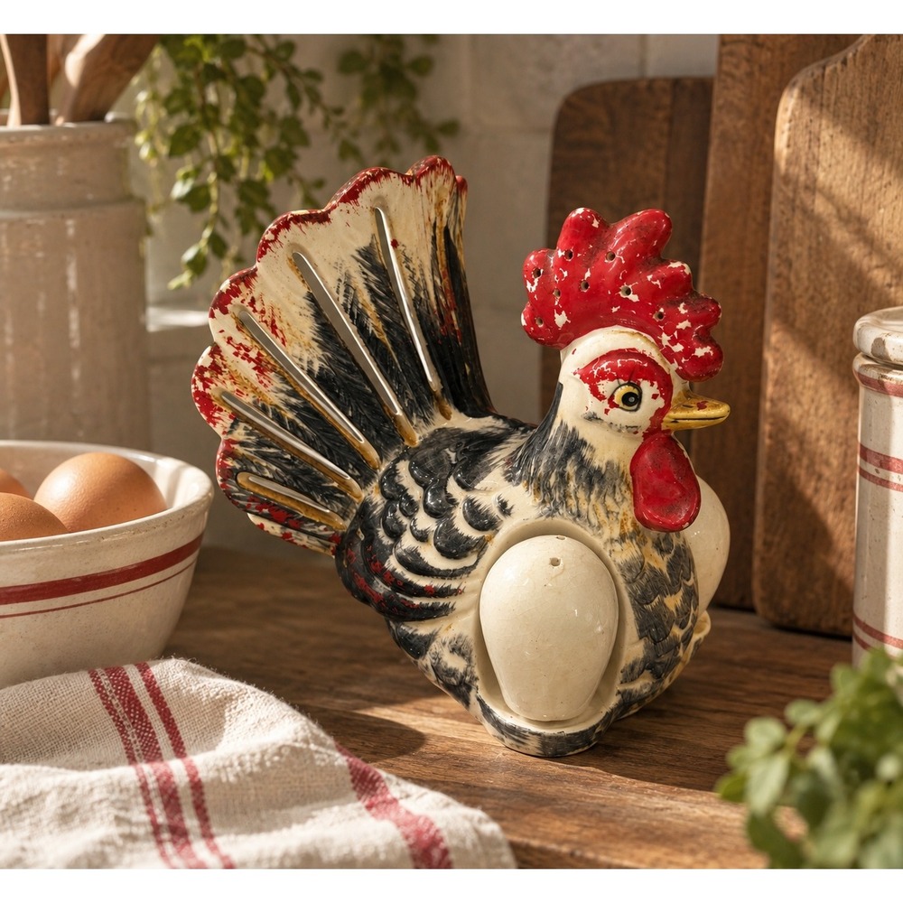 Vintage MCM Ceramic Rooster Salt Pepper Shakers Napkin Holder Kitschy Kitchen